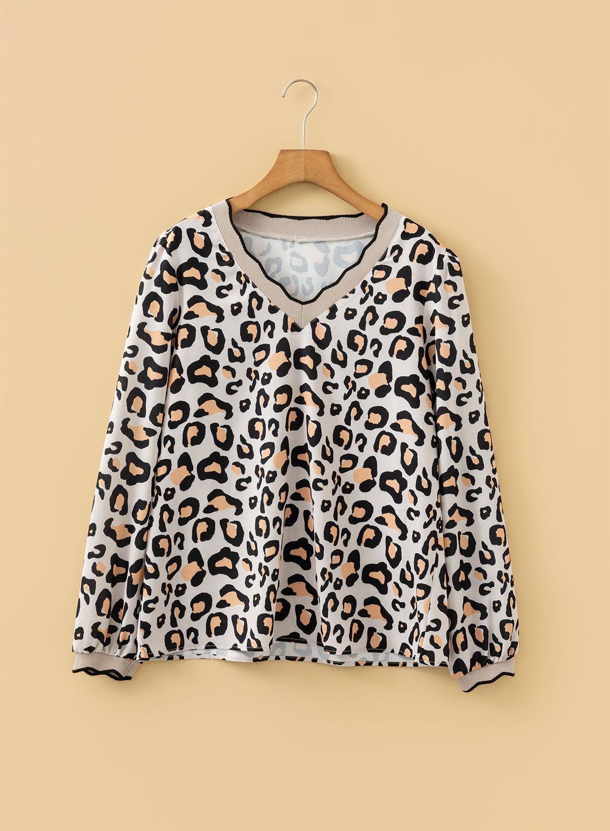 Khaki Leopard Print Contrast Scalloped V Neck Long Sleeve Blouse - loveforevers