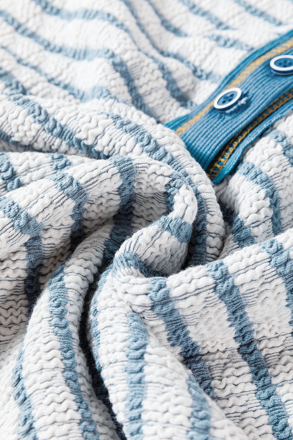 Sky Blue Stripe Textured Frilly Trim Buttons Henley Long Sleeve Top - loveforevers