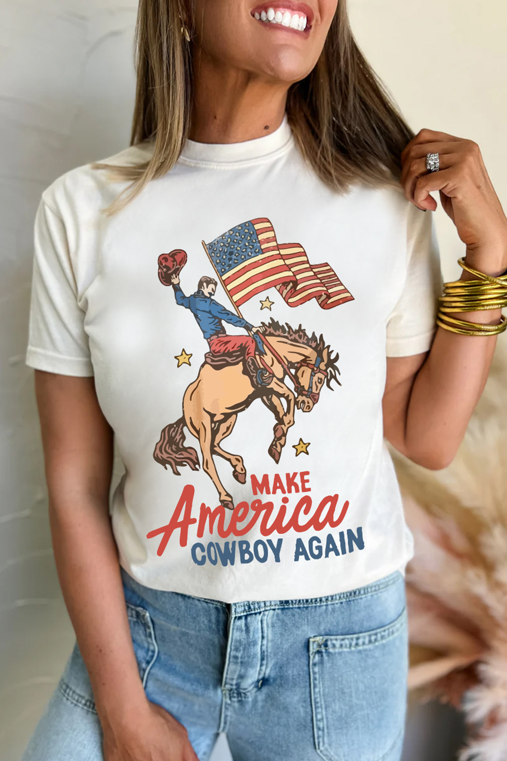 White MAKE AMERICA COWBOY AGAIN Graphic Crewneck Tee - loveforevers