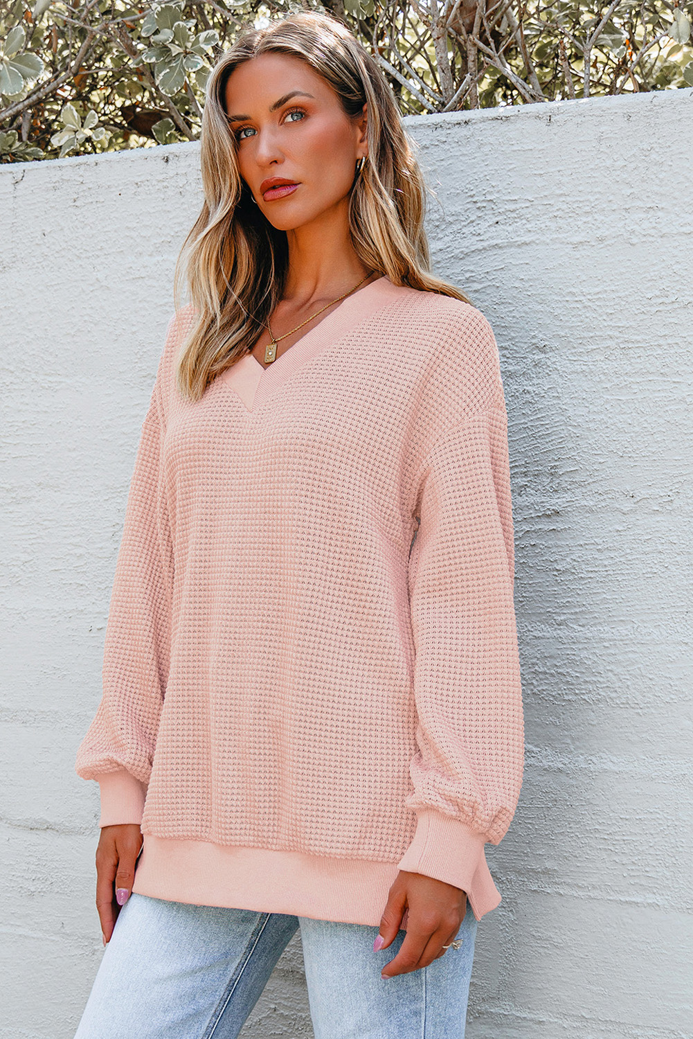 Fushia Thermal V Neck Relaxed Long Sleeve Knit Top - loveforevers
