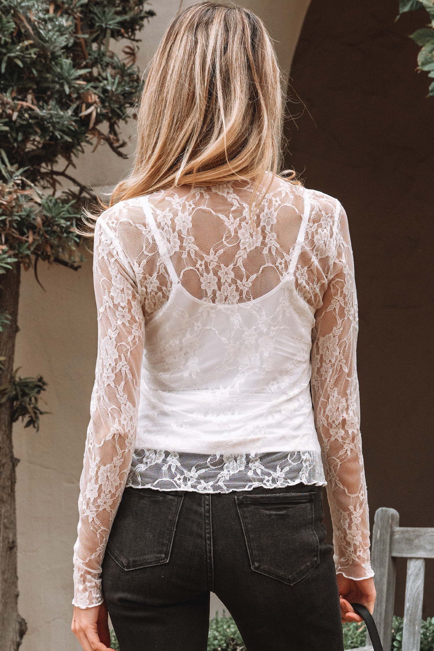 White Sheer Lace Mesh Mock Neck Slim Fit Long Sleeve Top - loveforevers