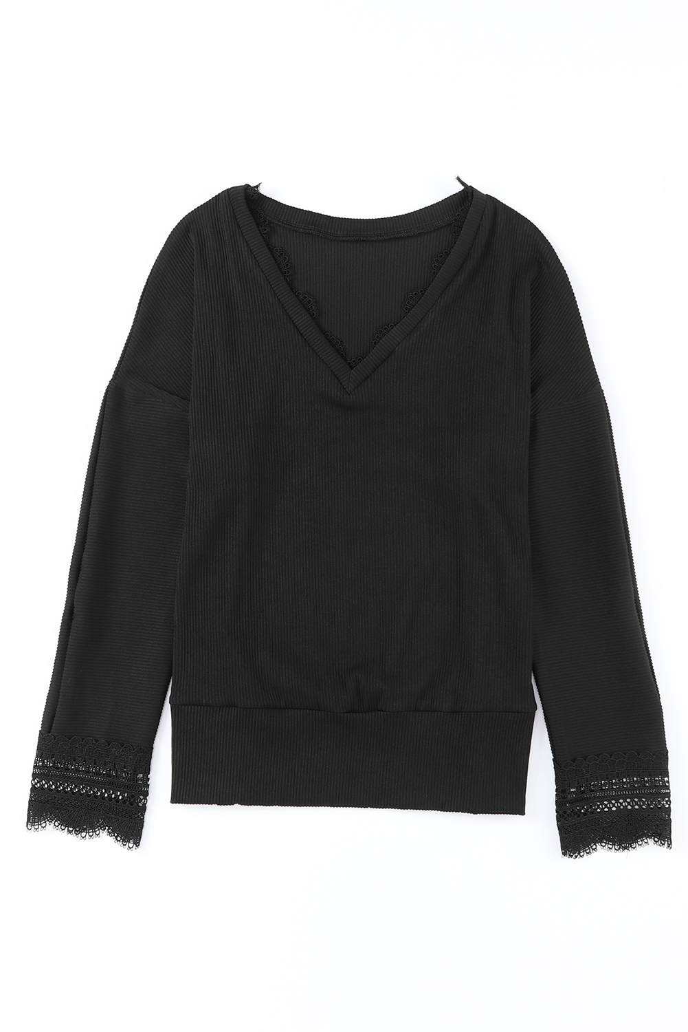 Black Ribbed Texture Lace Trim V Neck Long Sleeve Top - loveforevers