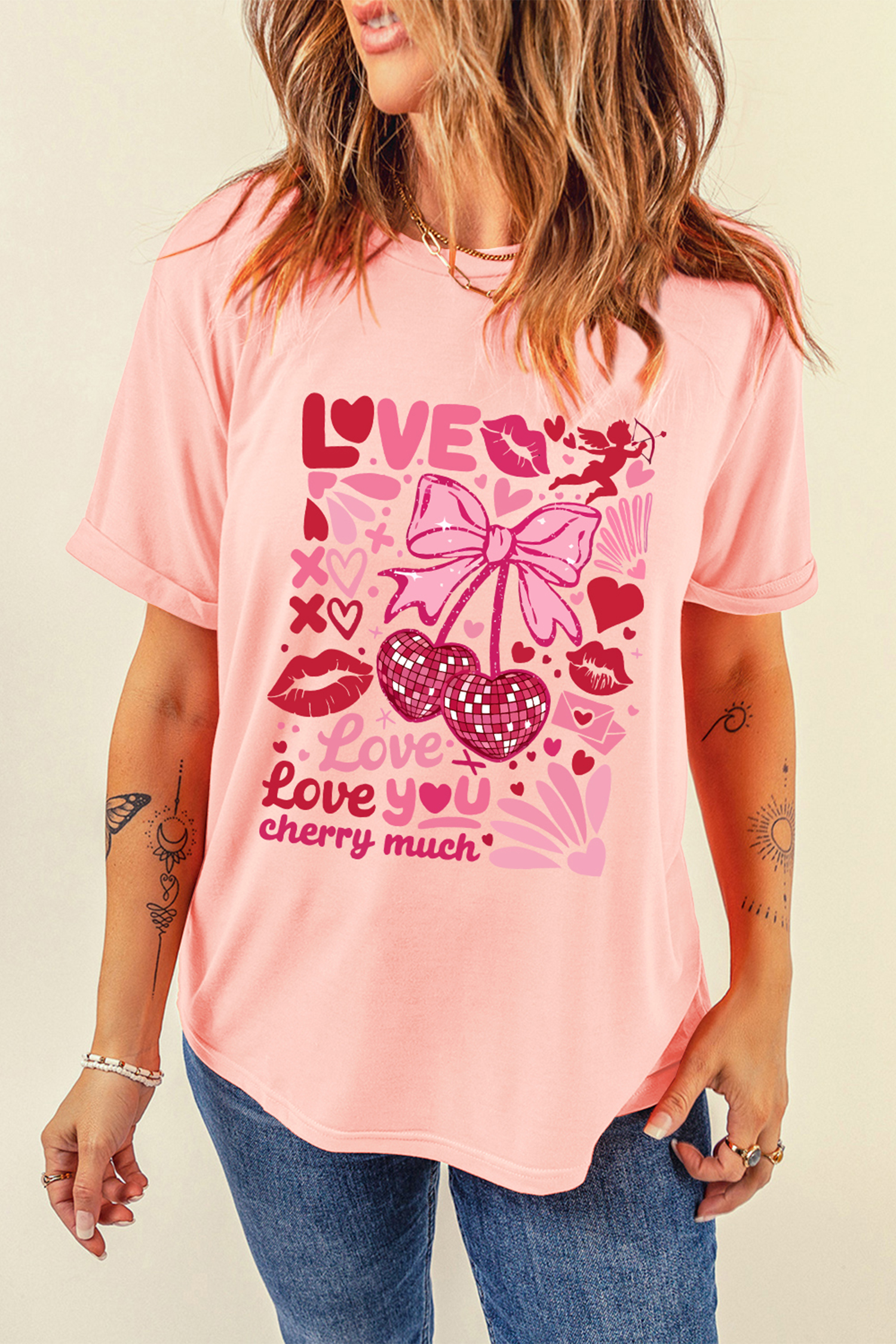 Pink Love You Cherry Much Valentines Day Graphic Tee - loveforevers