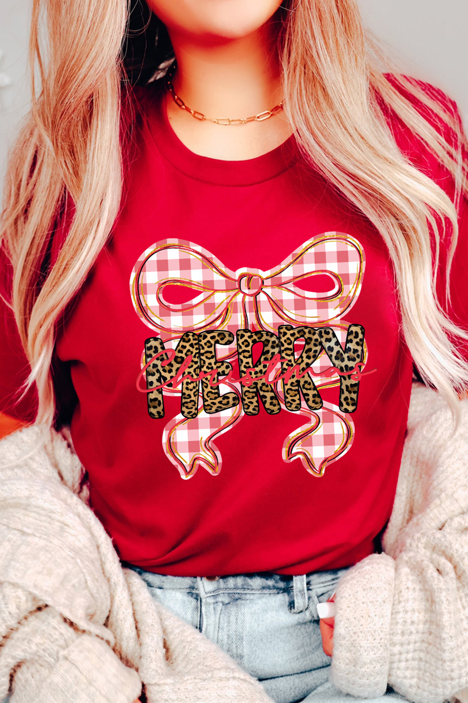 Red Leopard Merry Christmas Plaid Bow Graphic Holiday T Shirt - loveforevers