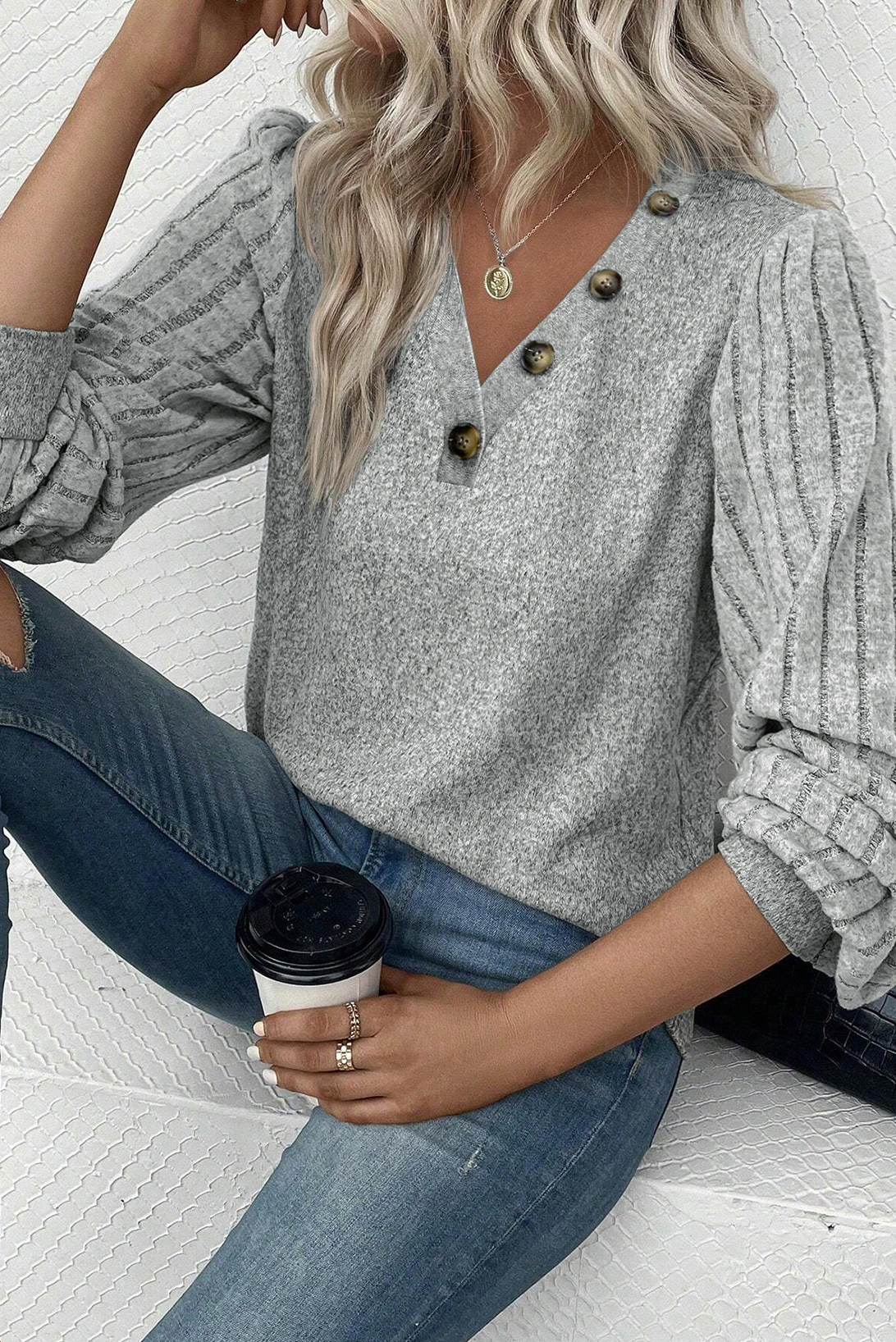 Light Grey Buttoned V Neck Ribbed Puff Sleeve Top - loveforevers