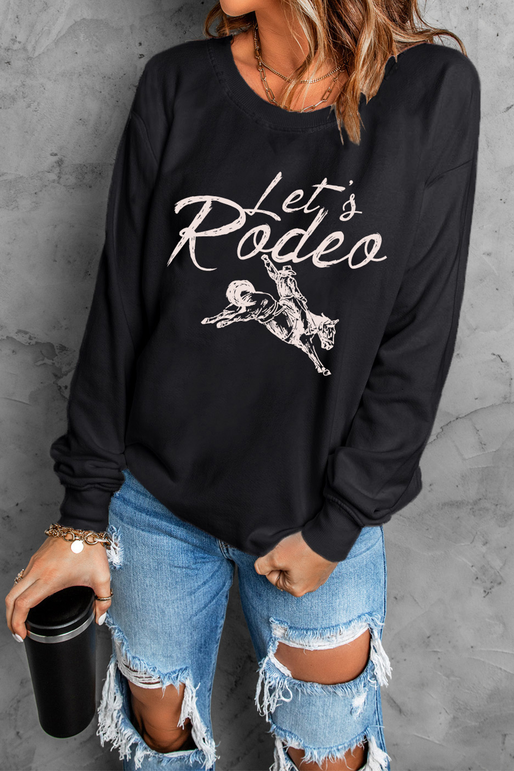 Black Lets Rodeo Western Print Pullover Sweatshirt - loveforevers