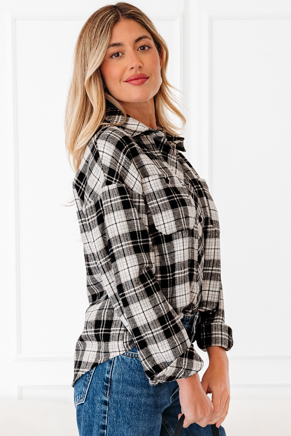 Black Plaid Print Chest Pockets Buttoned Shirt - loveforevers