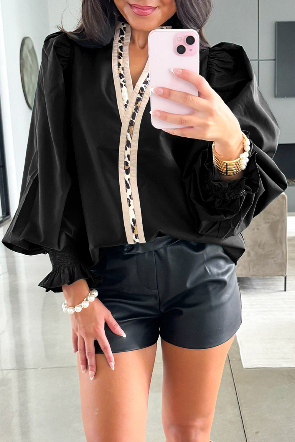 Evergreen Puffy Flounce Sleeve Leopard Trim V Neck Blouse - loveforevers