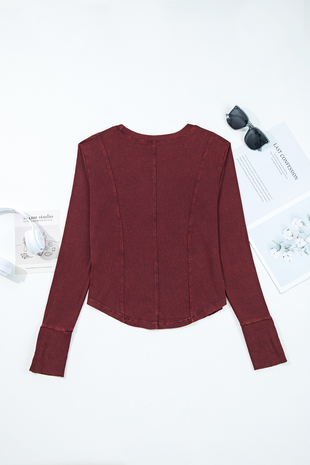 Burgundy Exposed Seam Ribbed Long Sleeve Top - loveforevers