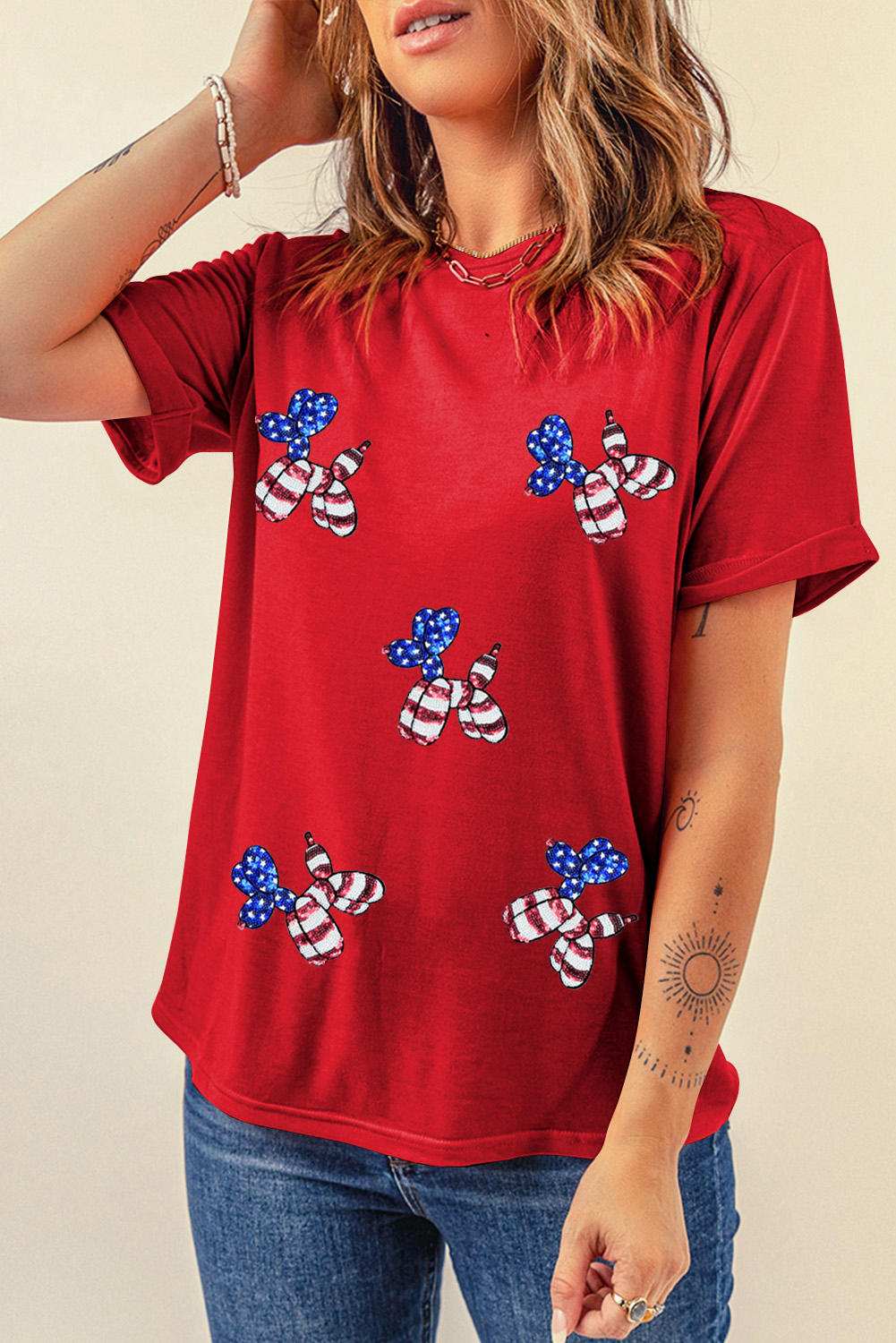 White Sequin Stars and Stripes Balloon Puppy Graphic Crewneck Tee - loveforevers