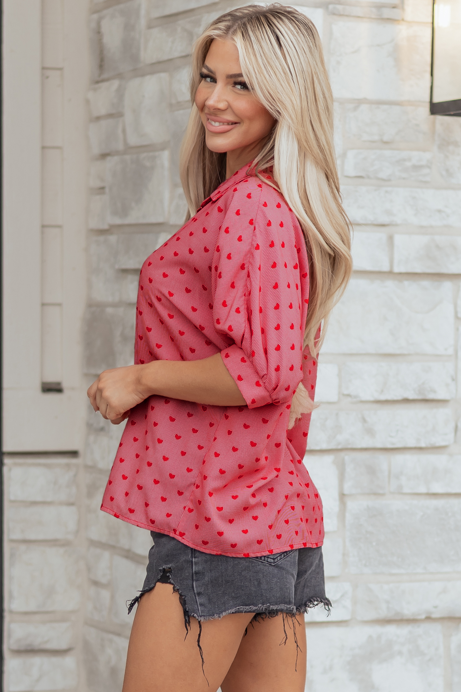 Red Heart Shape Print Half Sleeve Loose Valentine Shirt - loveforevers