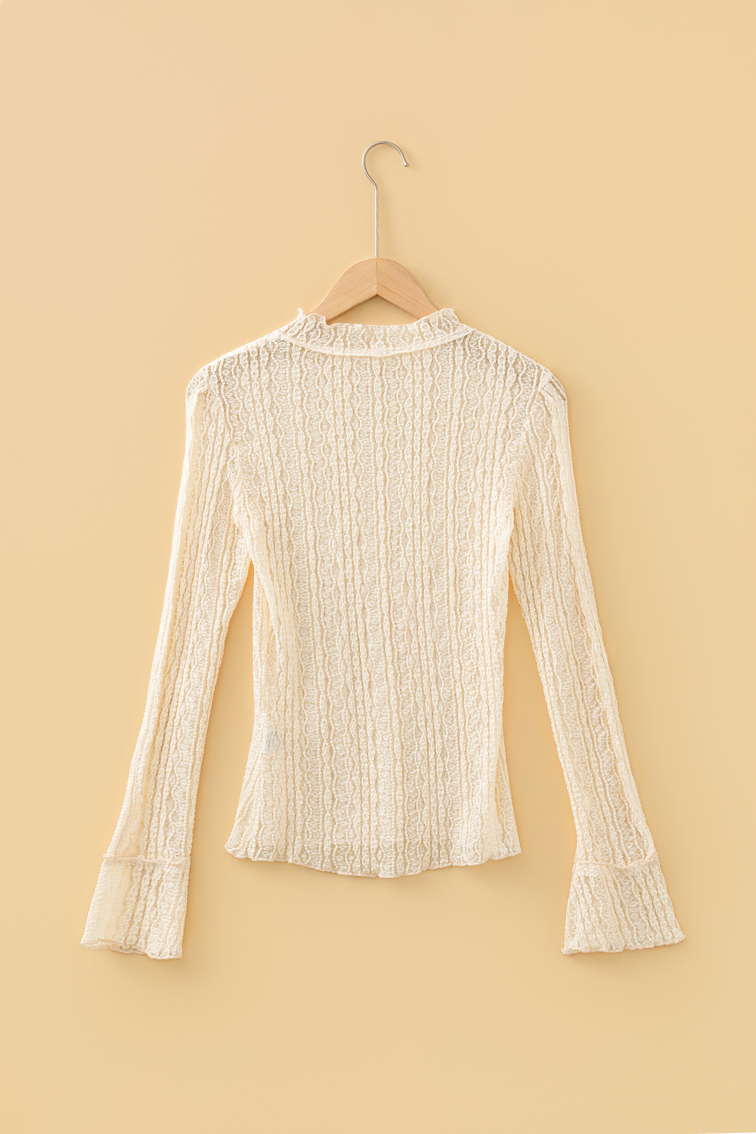 Apricot Flounced Long Sleeve Mock Neck Sheer Lace Top - loveforevers