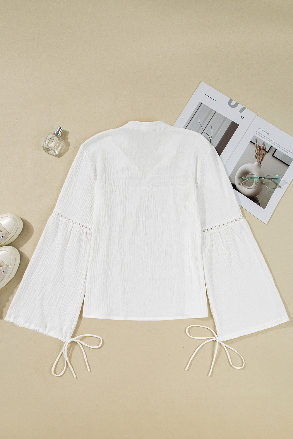 White Drawstring Lace Detail Puff Sleeve Split Neck Spring Fall Blouse - loveforevers