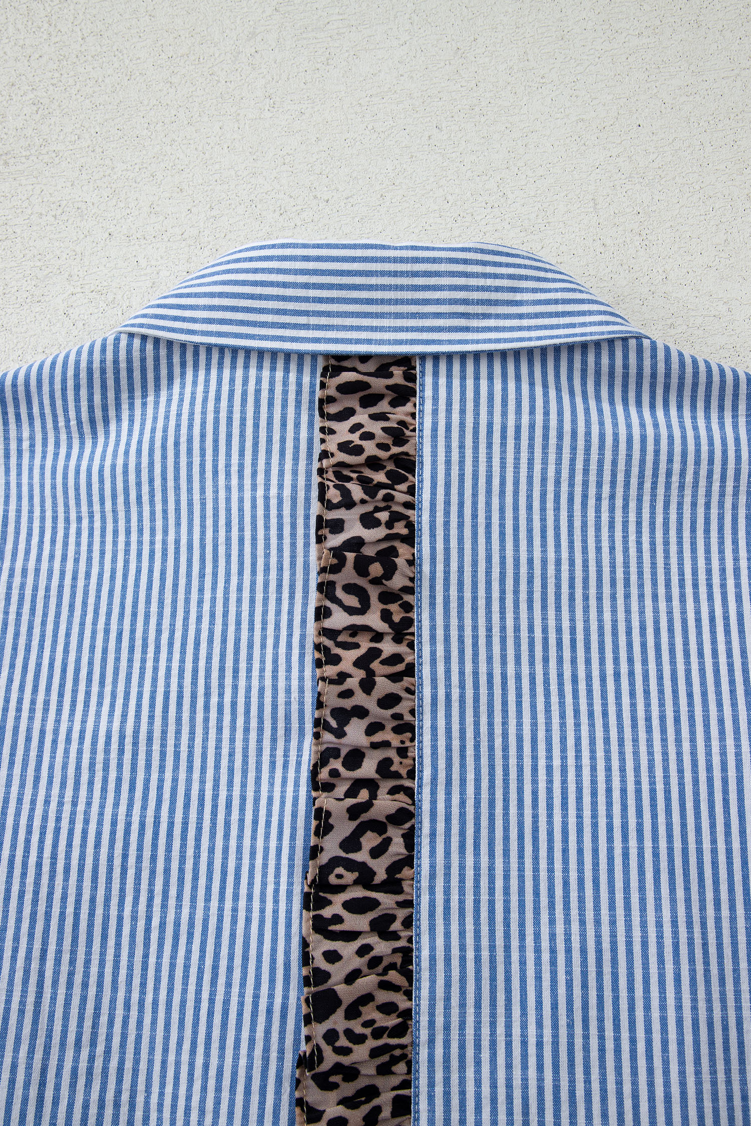 Sky Blue Stripe Contrast Frilled Leopard Trim Casual Long Sleeve Shirt - loveforevers