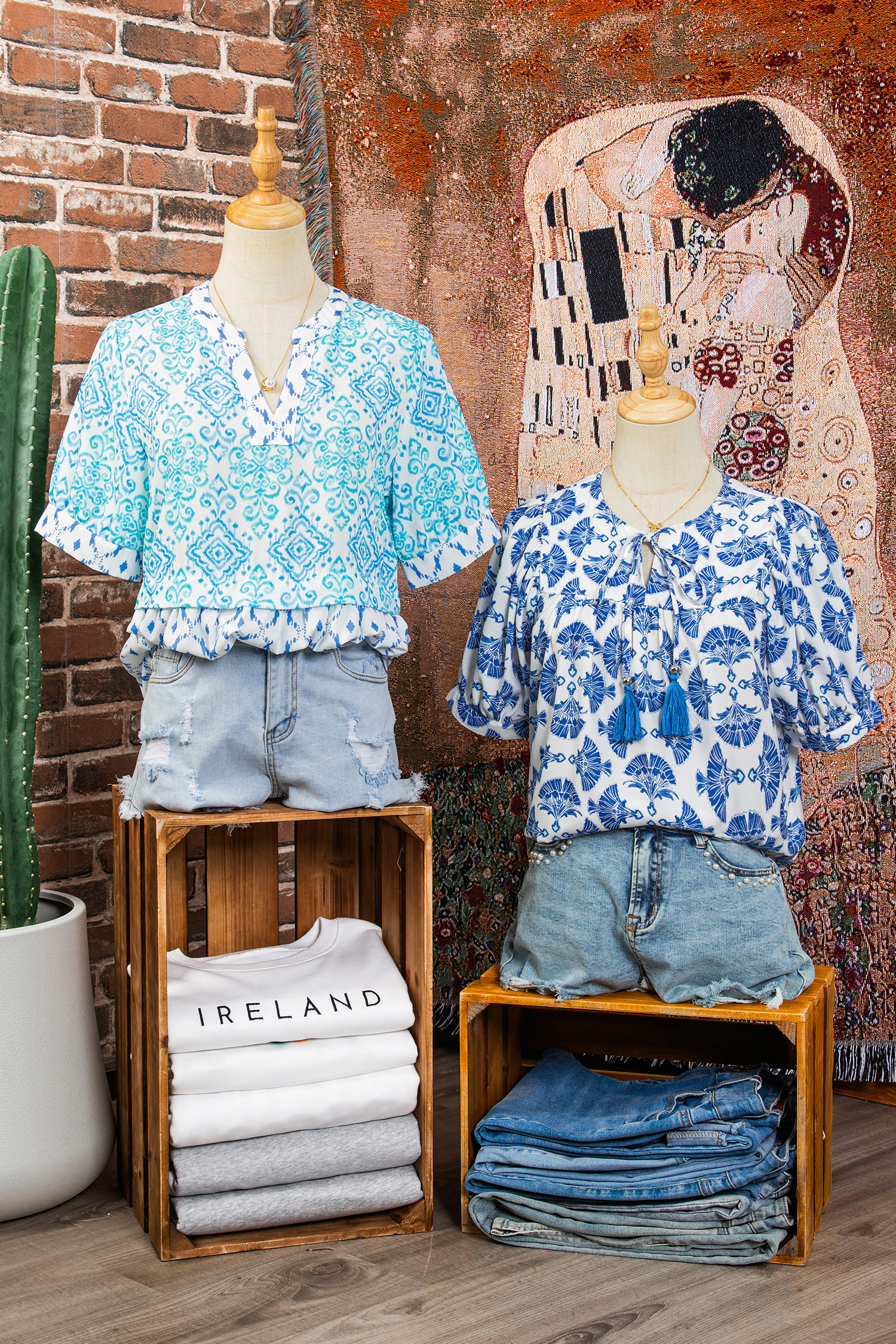 Sky Blue Geometric Print Tassel Drawstring V Neck Blouse - loveforevers