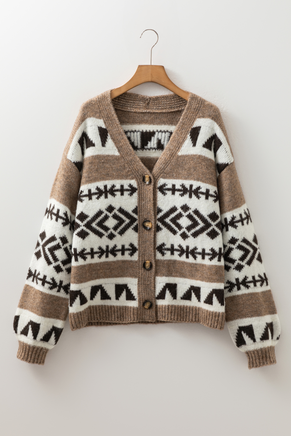 Dark Khaki Ethnic Geometric Pattern Button Front V Neck Sweater Cardigan - loveforevers