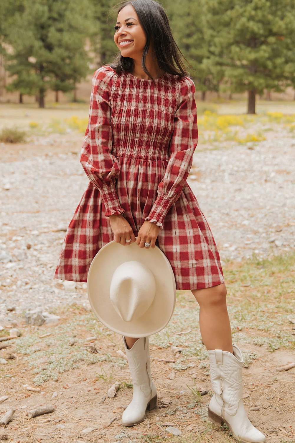 Red Plaid Print Smocked Puff Sleeve Mini Dress - loveforevers