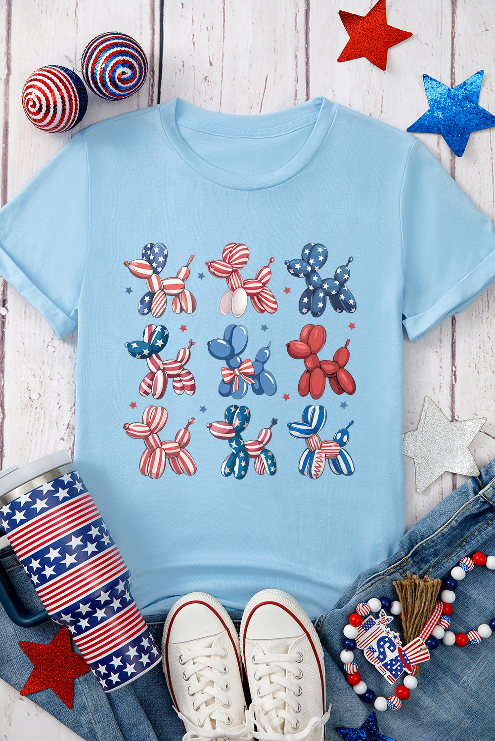 Light Blue American Flag Balloon Dogs Print Crew Neck T Shirt - loveforevers