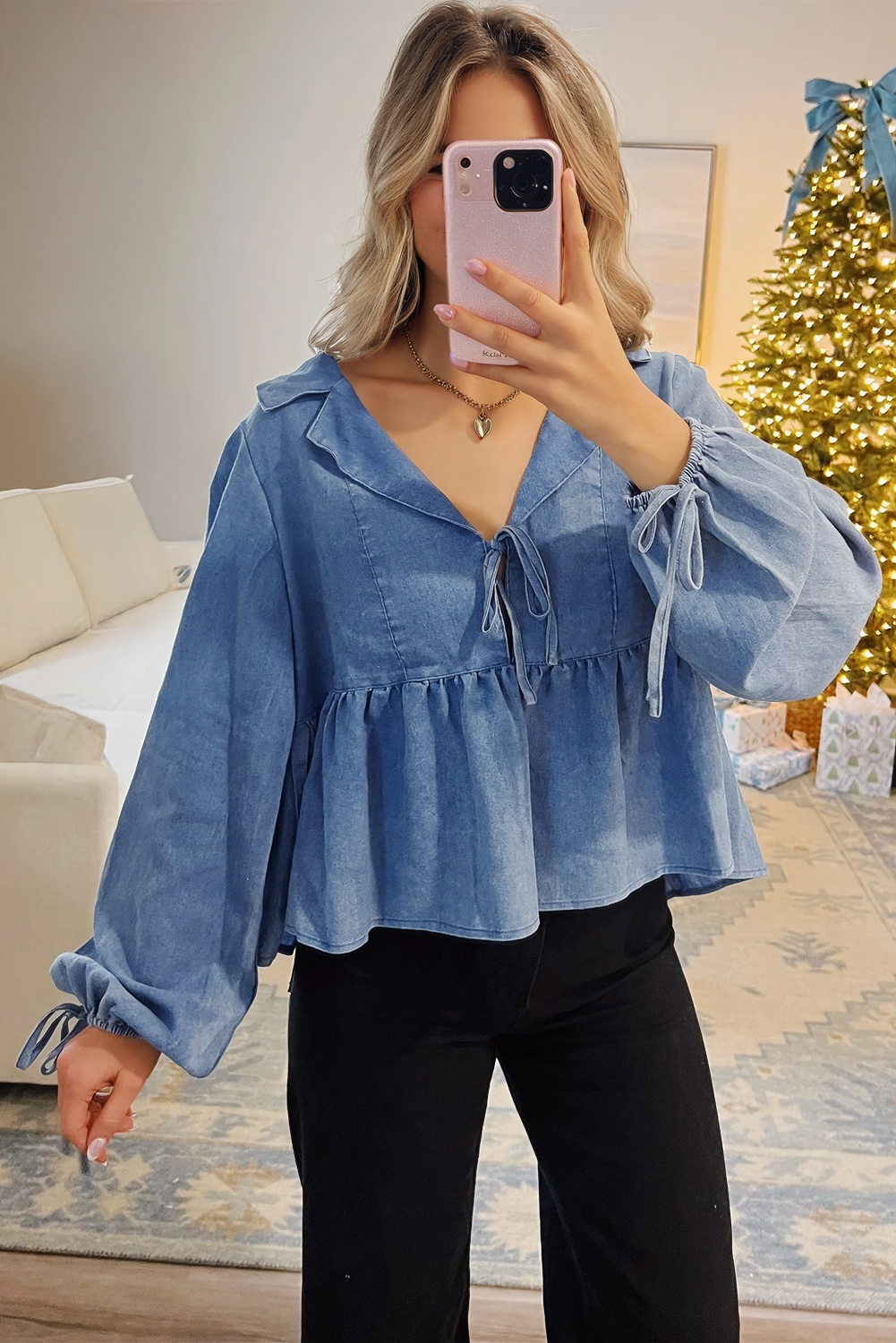 Dusk Blue Denim Lapel Neck Balloon Sleeve Tied Peplum Top - loveforevers