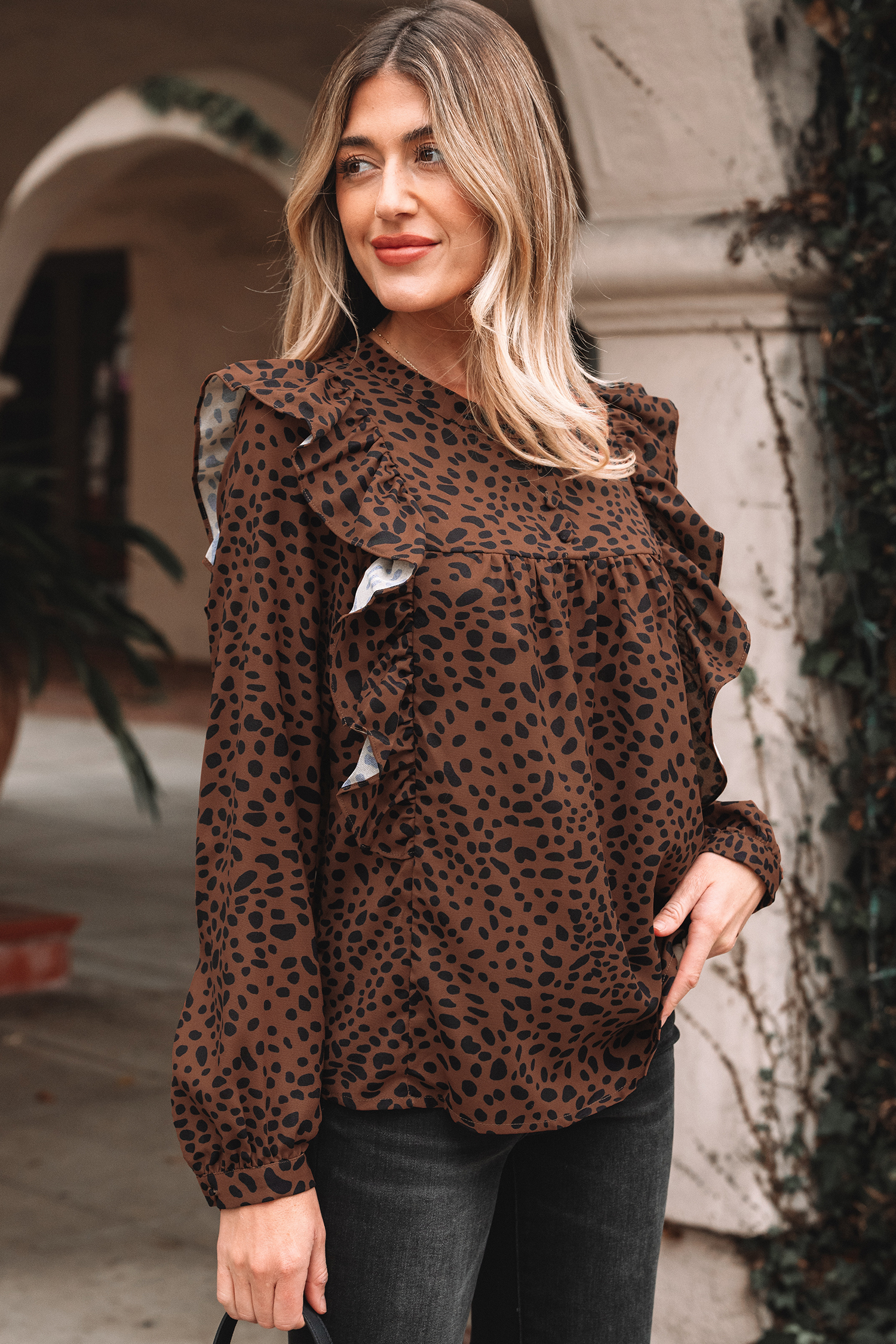 Brown Leopard Print Ruffled Puff Sleeve Blouse - loveforevers