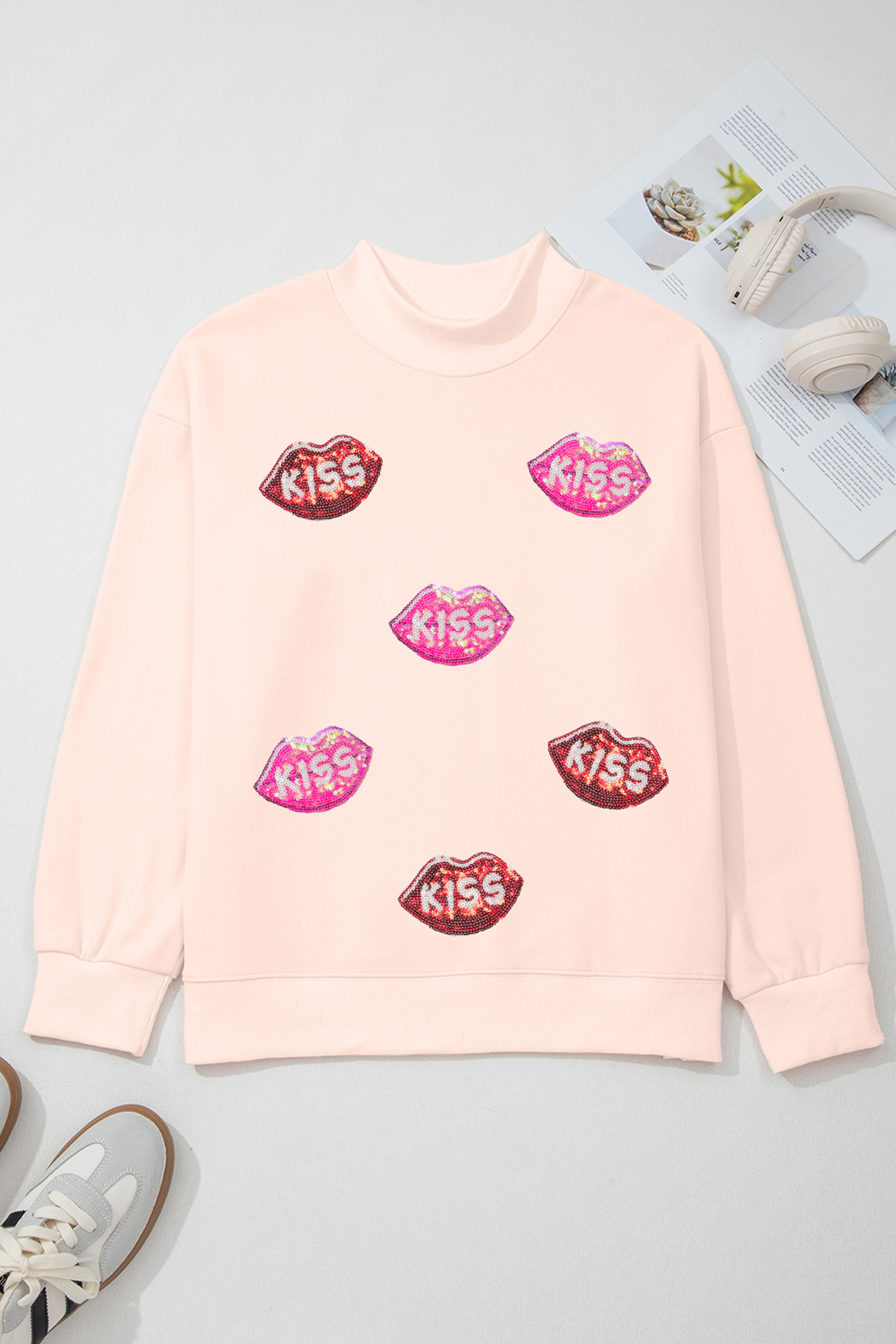 Apricot Pink Cowgirl Element Embroidered Detail Mock Neck Sweatshirt - loveforevers