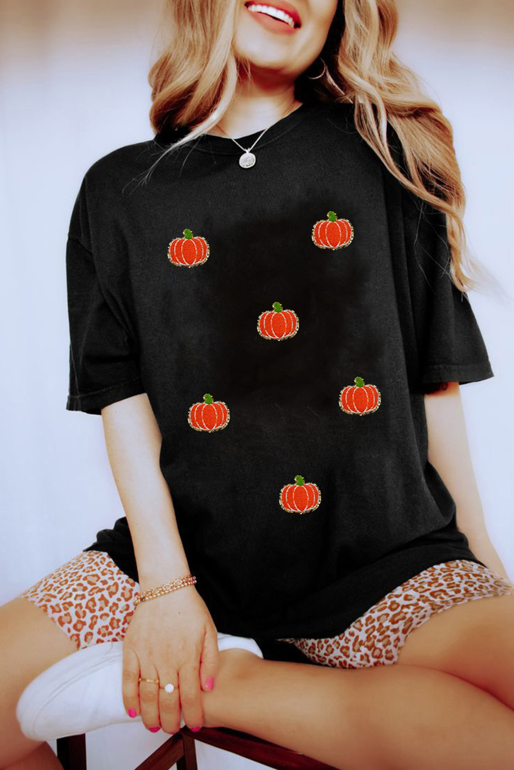 Black Chenille Pumpkin Patched Casual Cotton Blend T Shirt - loveforevers