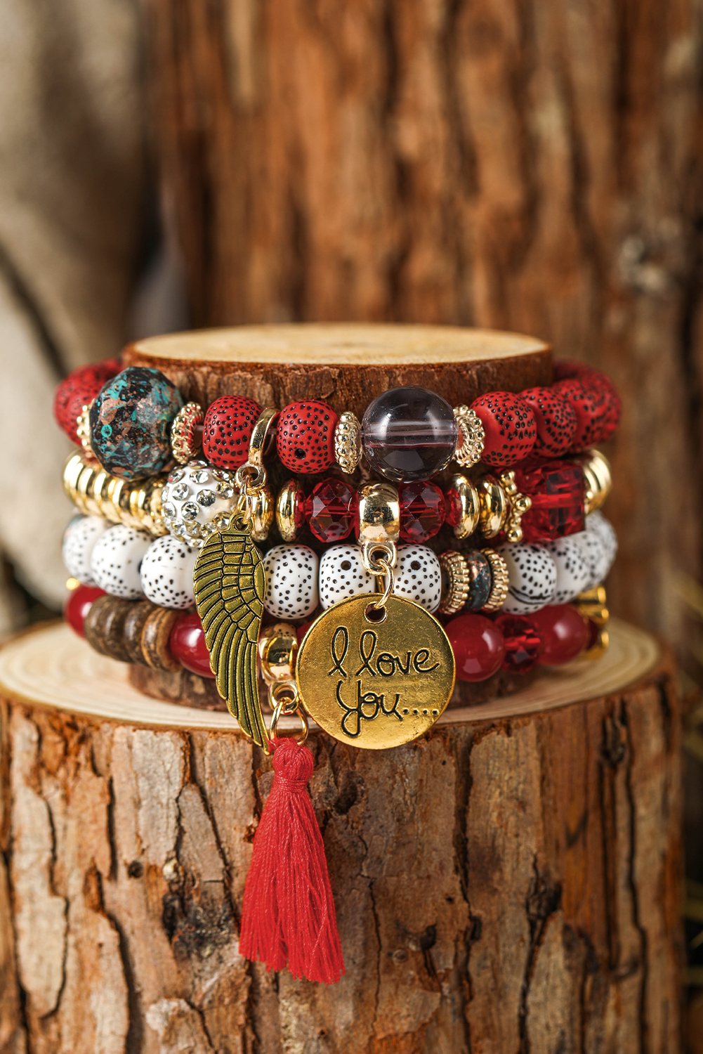 Red Dahlia 4pcs Boho Disc Tassel Wing Pendant Beaded Bracelet Set - loveforevers