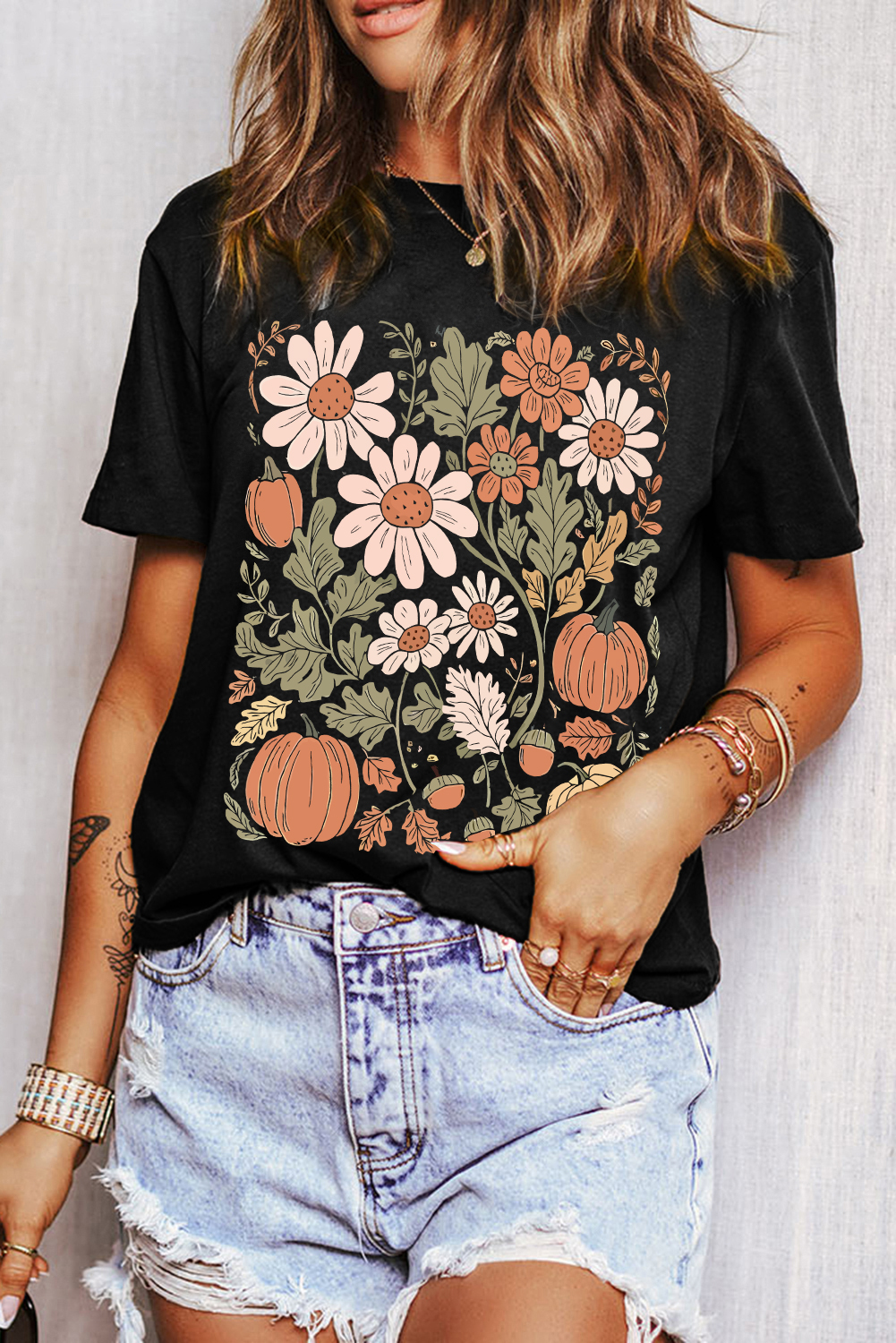 Black Wild Flower Pumpkin Print T Shirt - loveforevers