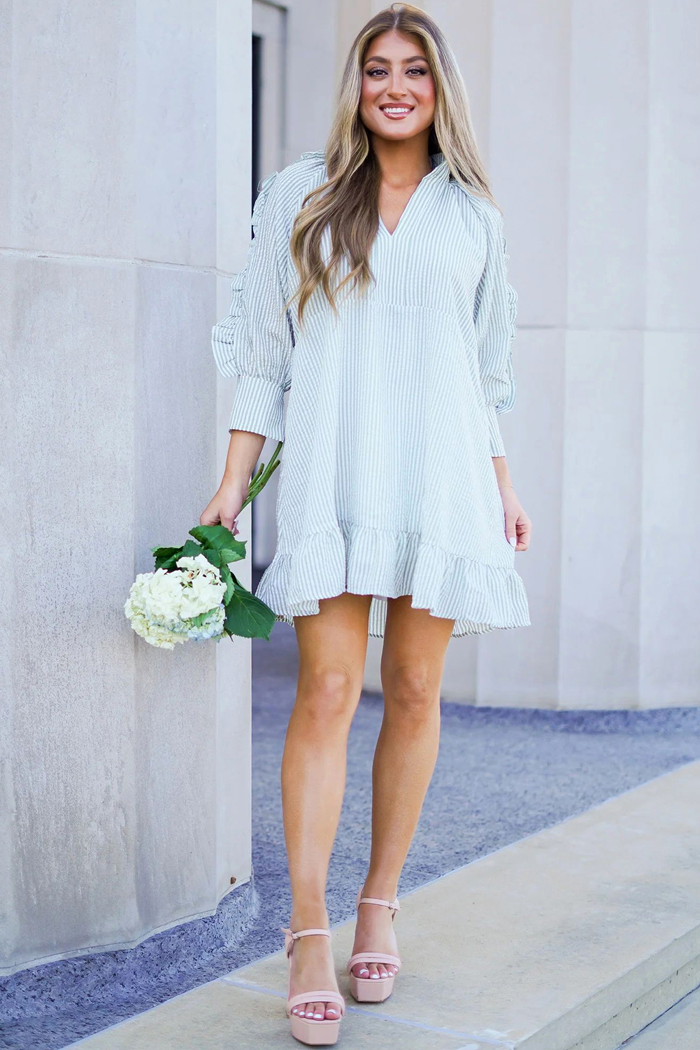 Myosotis Seersucker Ruffled Puff Sleeve Stand Neck Mini Dress - loveforevers
