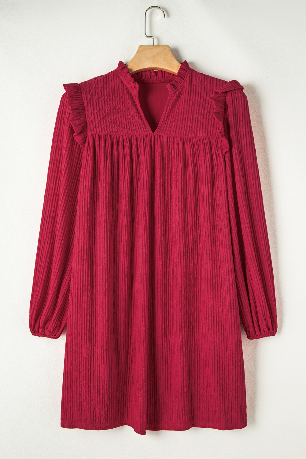Fiery Red Textured Ruffled Trim V Neck Loose Fit Mini Dress - loveforevers
