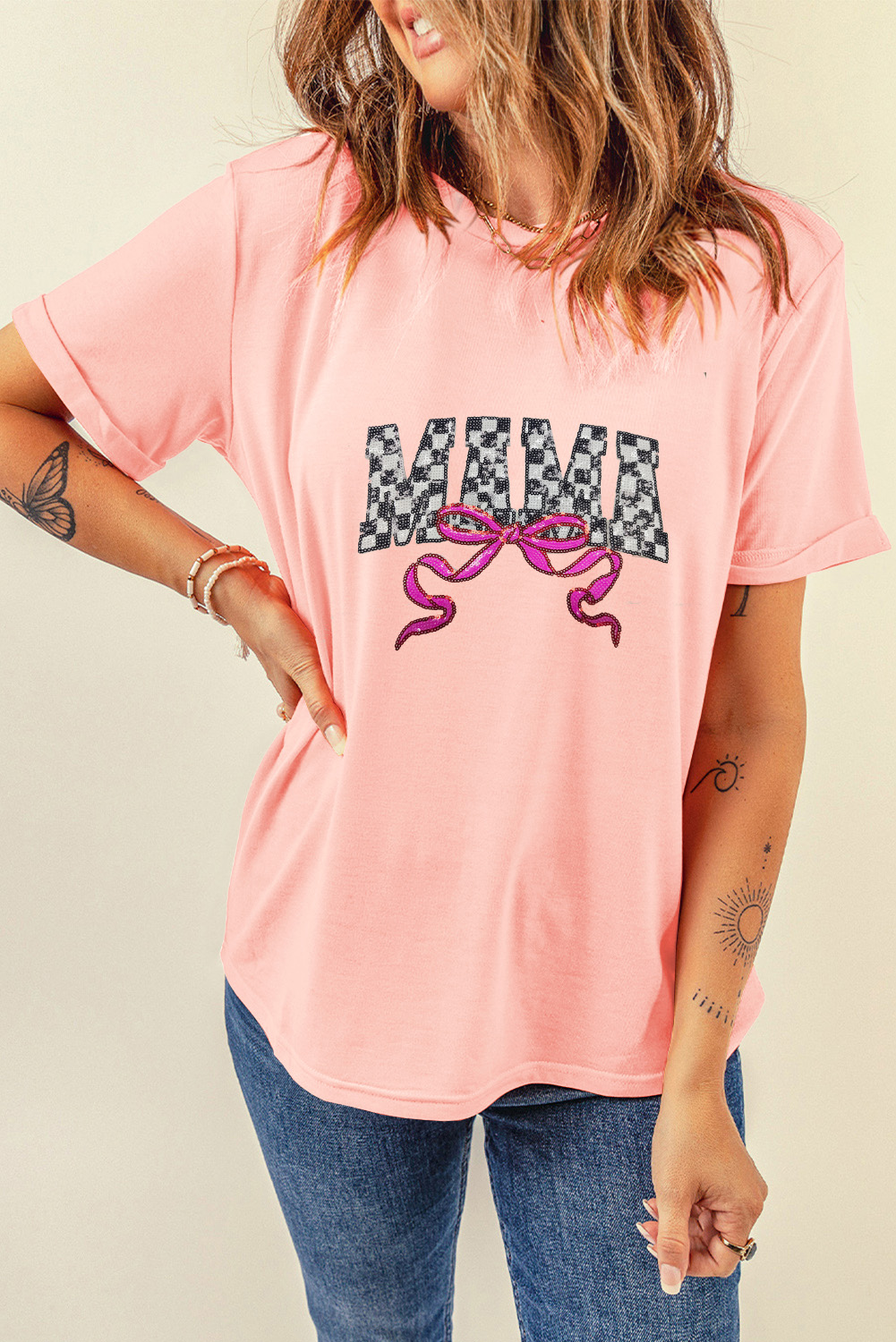 Pink Sequin Checkered MAMA Bow Graphic T Shirt - loveforevers