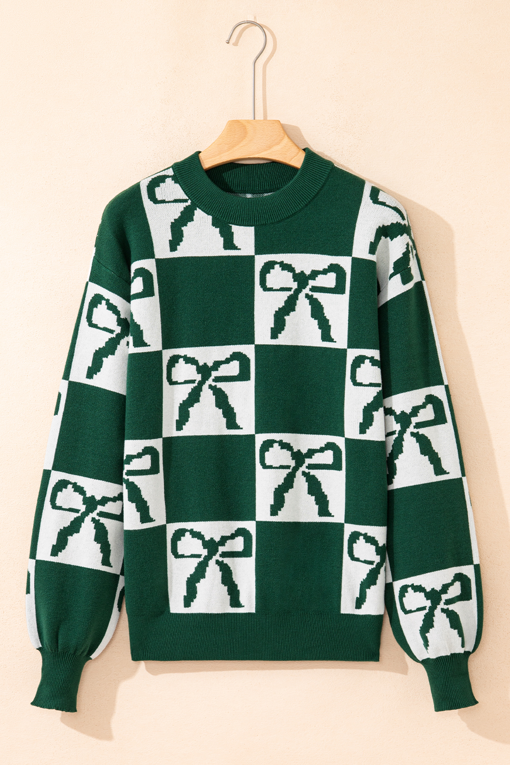 Blackish Green Checkered Bow Print Casual Sweater - loveforevers