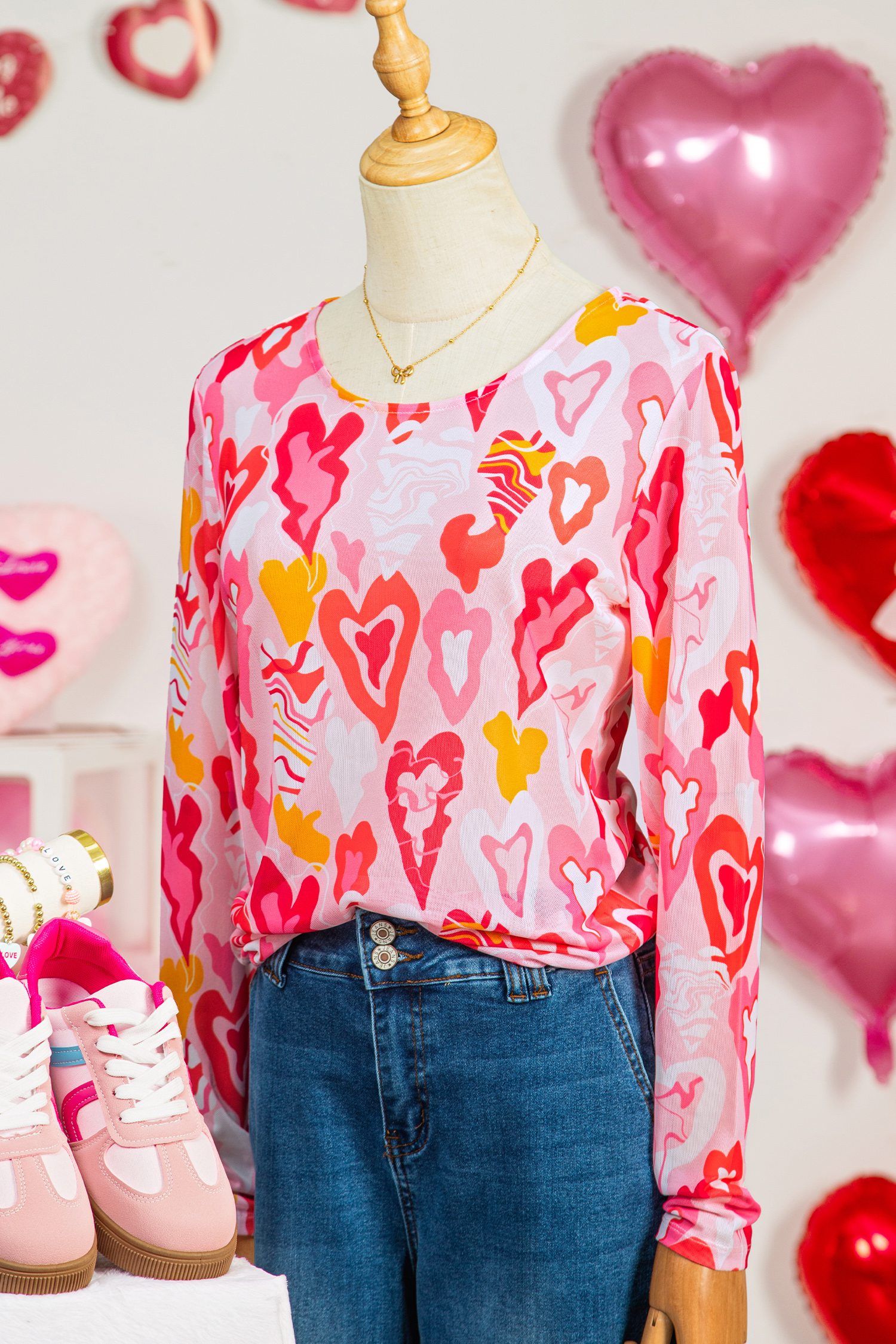 Rose Valentine Heart Mesh Long Sleeve Top - loveforevers