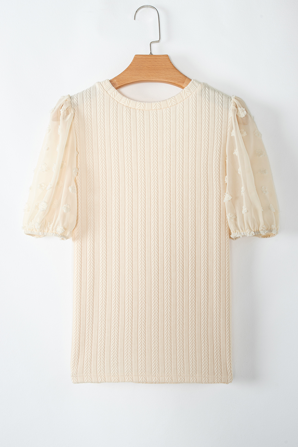 Apricot Polka Dot Mesh Puff Sleeve Textured Blouse - loveforevers