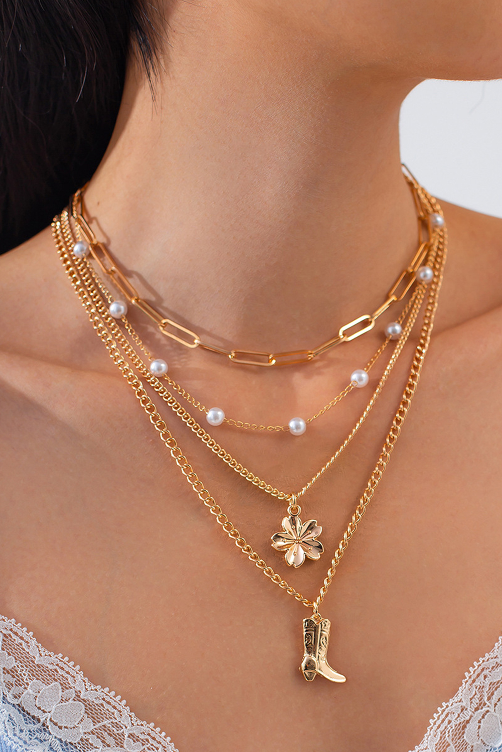 Gold Plated Flower Boot Pendent Pearl Chaining Necklace - loveforevers