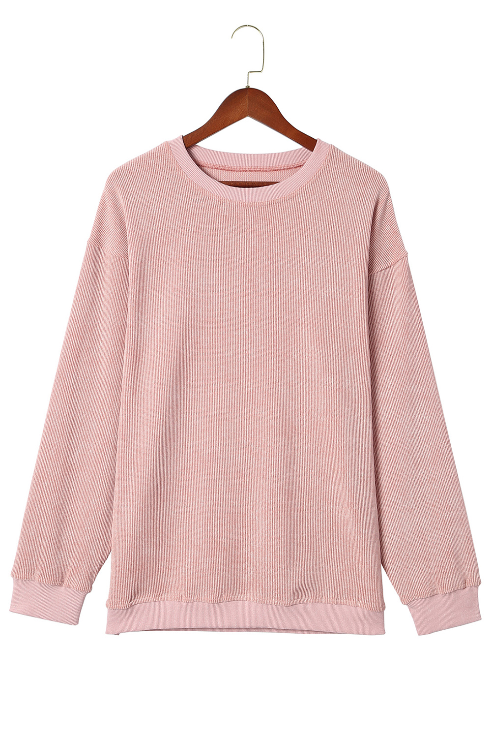 Pink Solid Ribbed Knit Round Neck Pullover Sweatshirt - loveforevers
