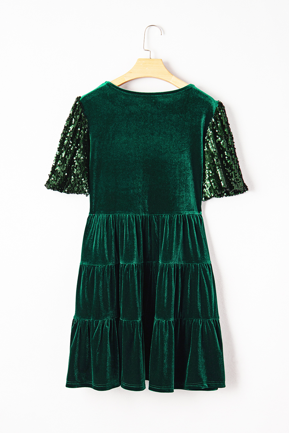 Evergreen Sequin Puff Sleeve High Waist Tiered Velvet Mini Dress - loveforevers