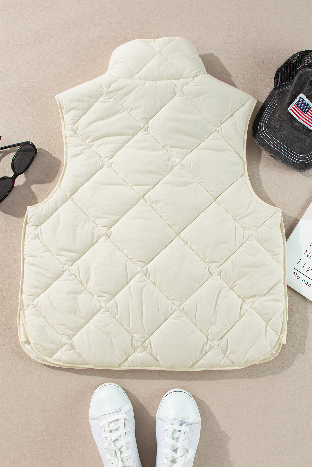 Beige Quilted High Neck Button Up Pocket Vest Coat - loveforevers