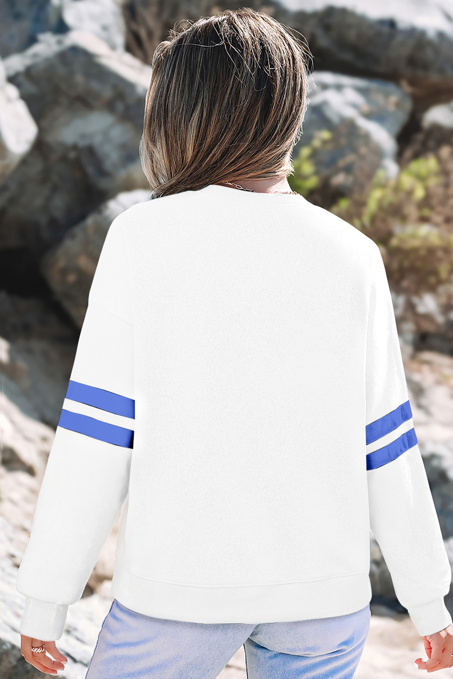 White TEXAS Letter Print Varsity Striped Sleeve Casual Sweatshirt - loveforevers
