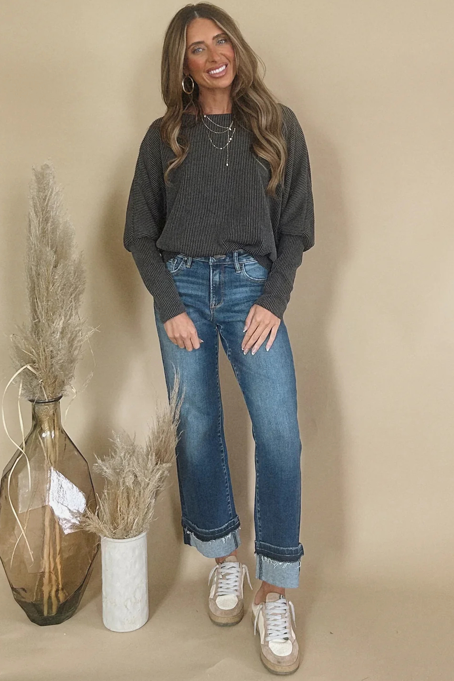 Carbon Grey Twisted Ribbed Dolman Long Sleeve Top - loveforevers