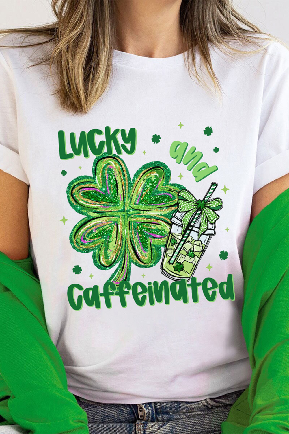 White Lucky and Caffeinated Clover Graphic St Patrick Tee - loveforevers