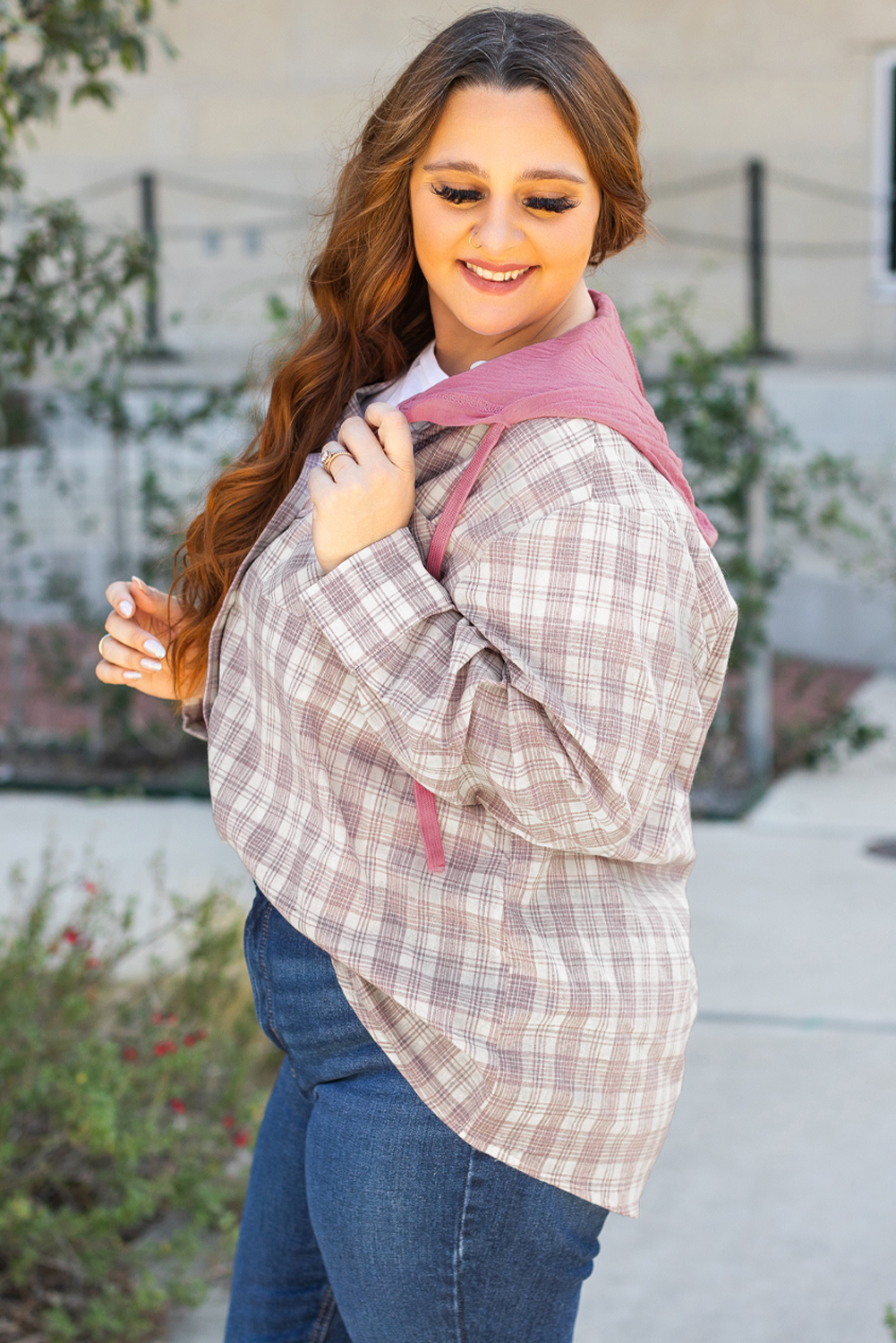 Khaki Checkered Print Loose Fit Buttoned Hooded Shacket - loveforevers