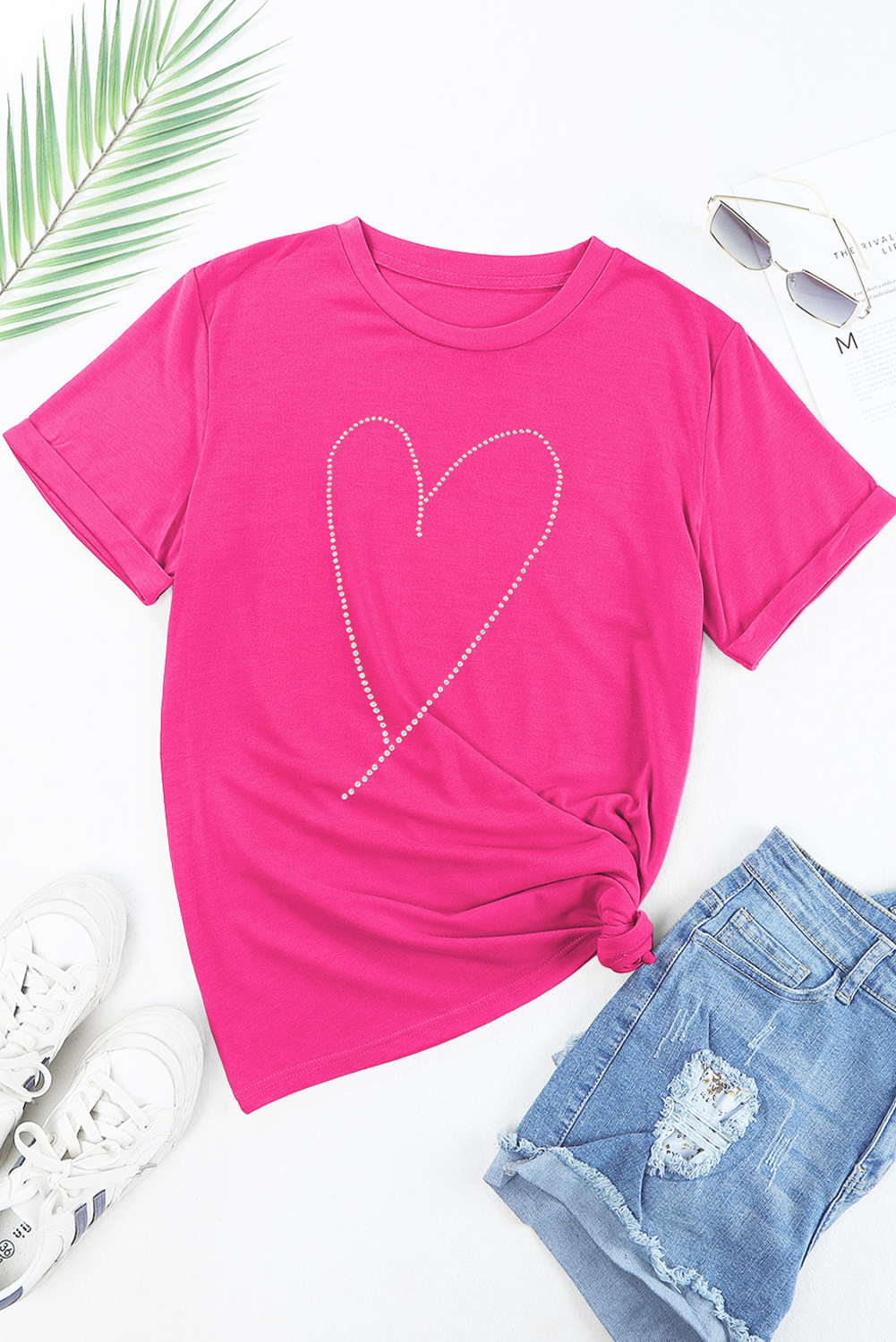 Rose Red Rhinestone Heart Graphic Crew Neck Valentines Tee - loveforevers
