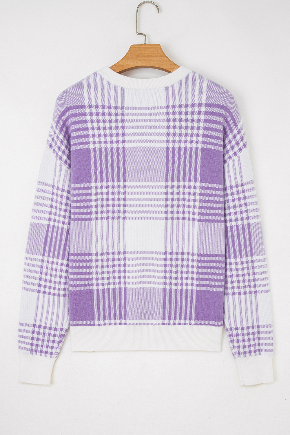 Lilac Plaid Print Ribbed Trim Loose Sweater - loveforevers