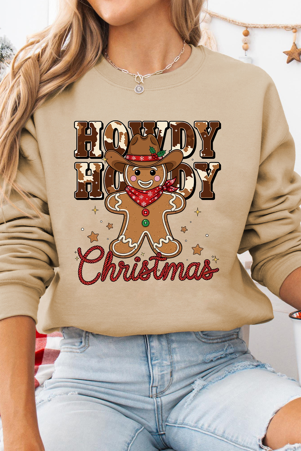 Khaki Howdy Christmas Western Gingerbread Man Pullover Sweatshirt - loveforevers