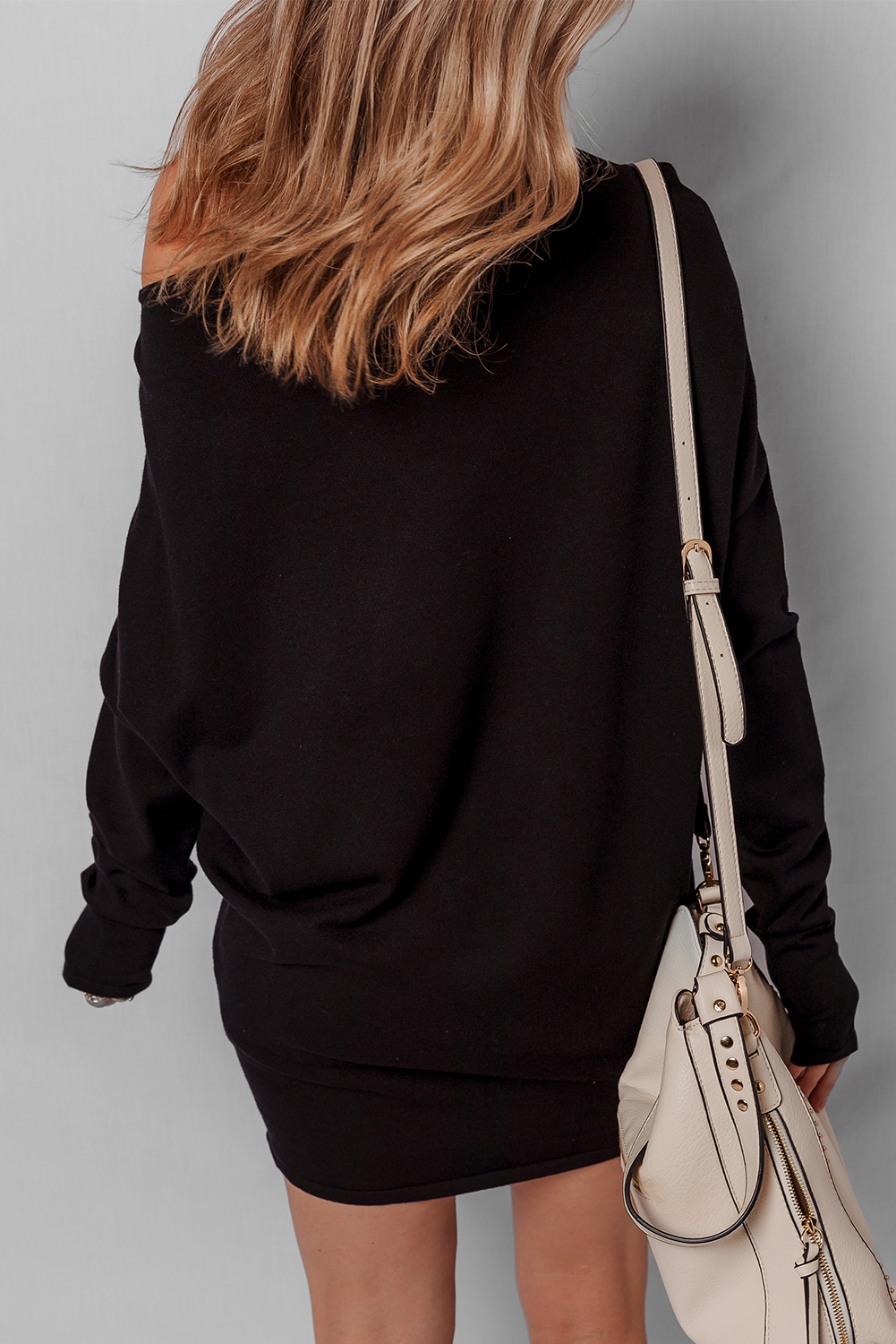 Black Asymmetric Neck Batwing Sleeve Shift Mini Sweater Dress - loveforevers