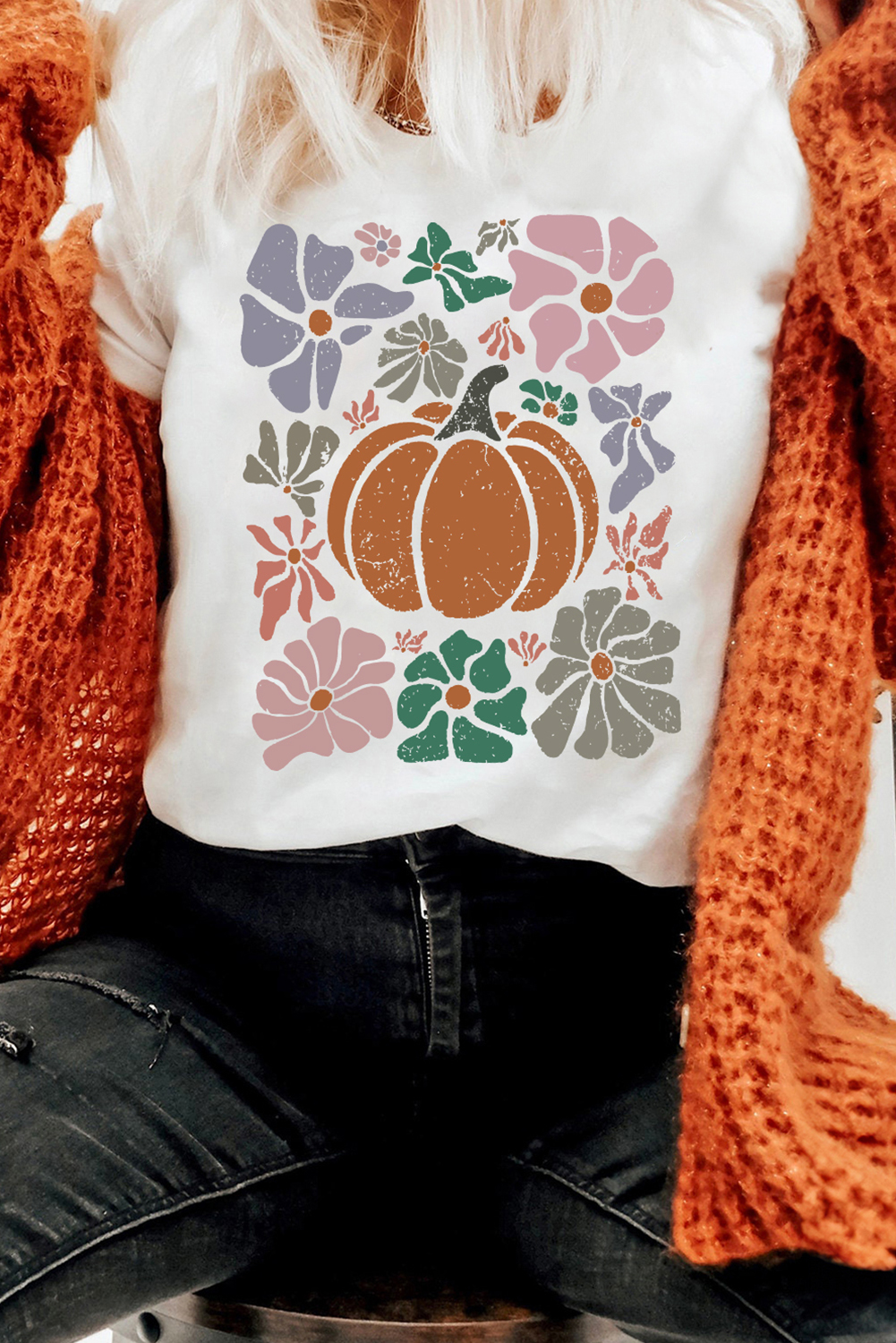 White Flower Pumpkin Distressed Graphic T Shirt - loveforevers