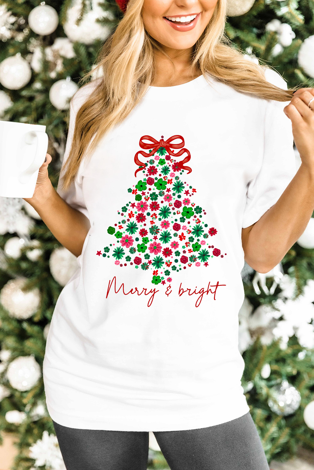 White Merry & Bright Floral Christmas Tree Graphic T Shirt - loveforevers