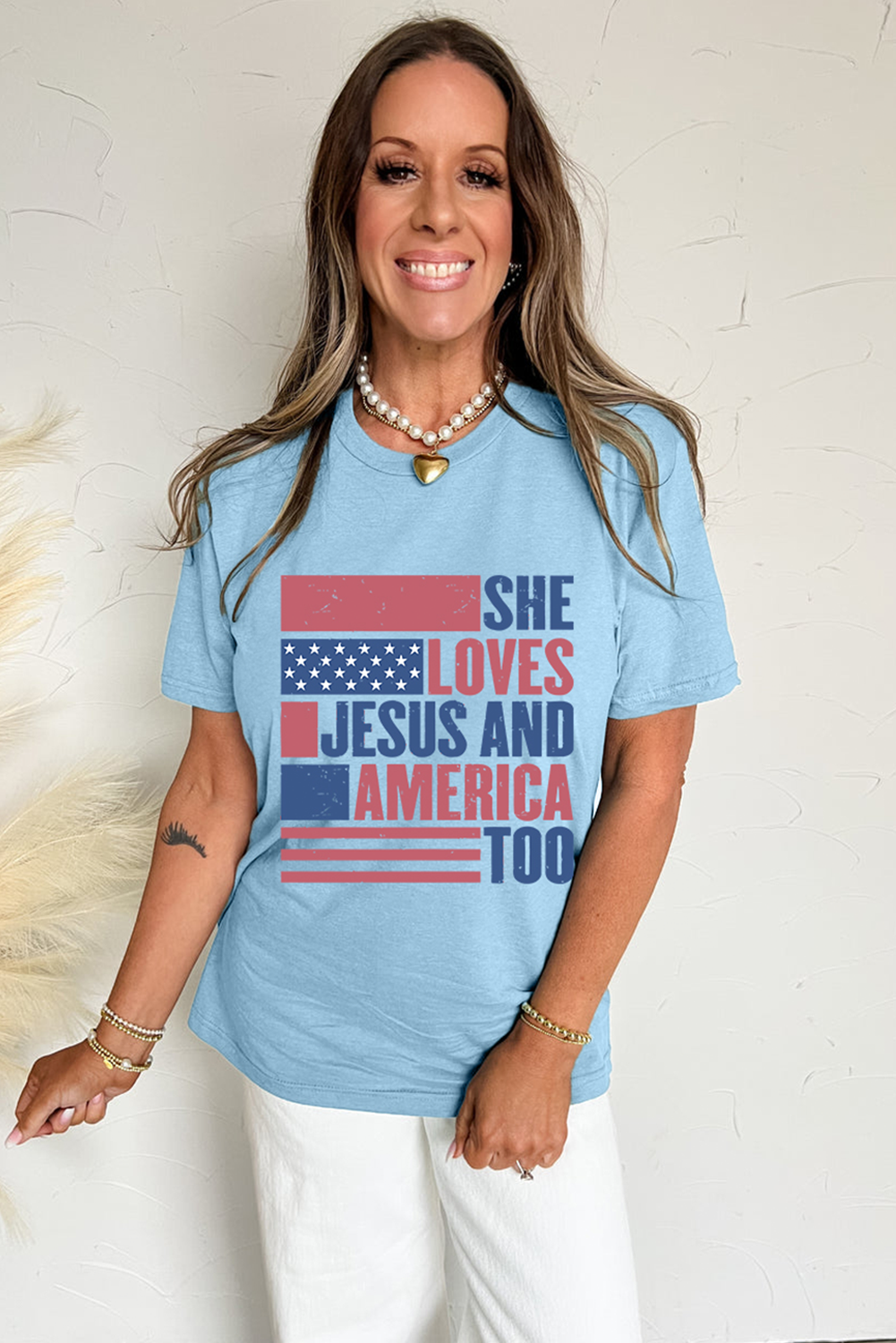 Light Blue SHE LOVES JESUS AND AMERICA TOO Flag Graphic T Shirt - loveforevers