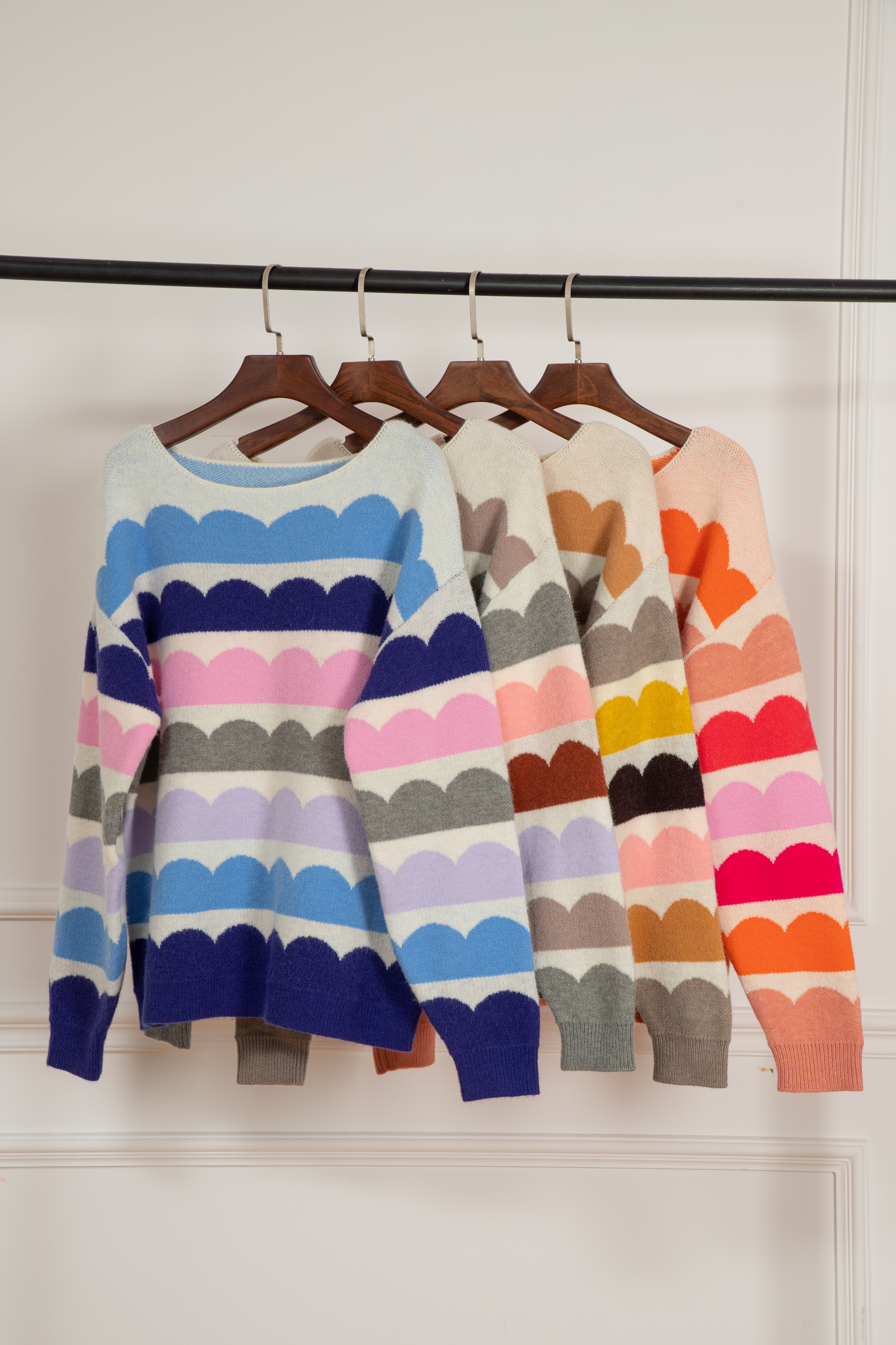 Rose Red Wave Striped Balloon Sleeve Drop Shoulder Sweater - loveforevers